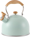 Tea Kettle for Stove Top, 2.6 Quart Whistling Tea Kettle, Stainless Steel and Wood Pattern Folding Handle, Turquoise