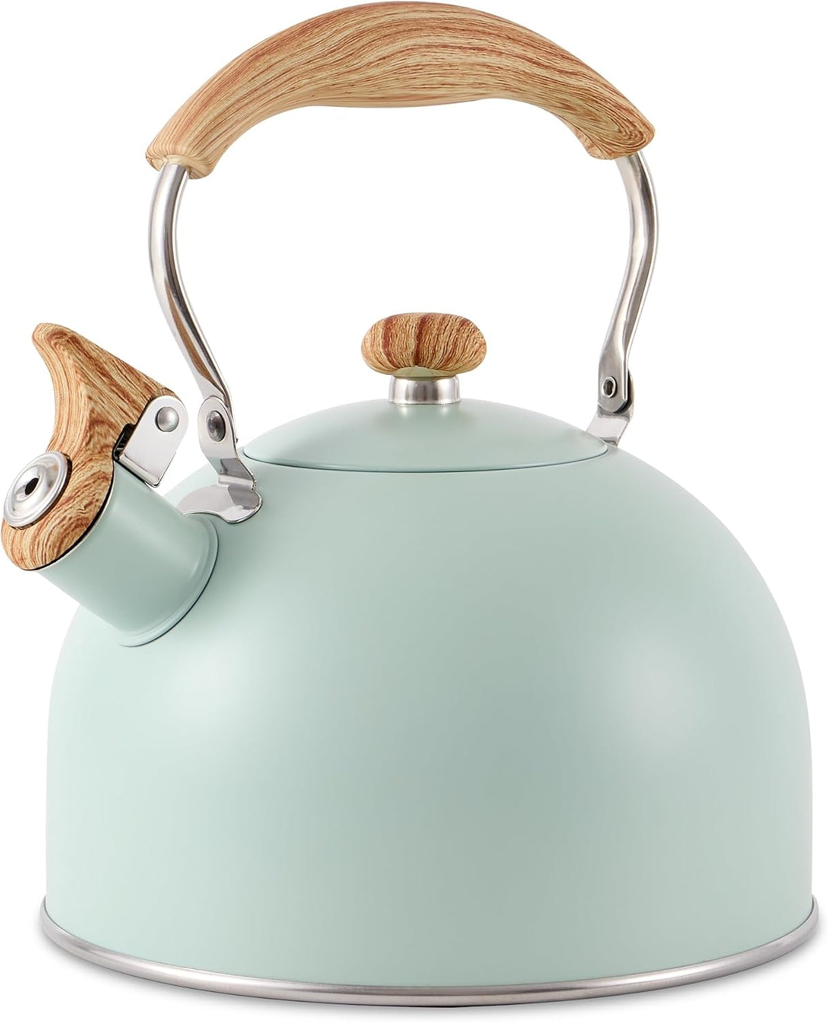 Tea Kettle for Stove Top, 2.6 Quart Whistling Tea Kettle, Stainless Steel and Wood Pattern Folding Handle, Turquoise