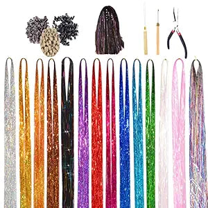 Hair Tinsel Kit, 16Color 47 Inches Glitter Heat Resistant Tinsel Hair Extensions Tensile with Hair Beads Wigs Tools & Accessories Tools Gift Set for Halloween Christmas Women Girls (16 COLOR KIT)