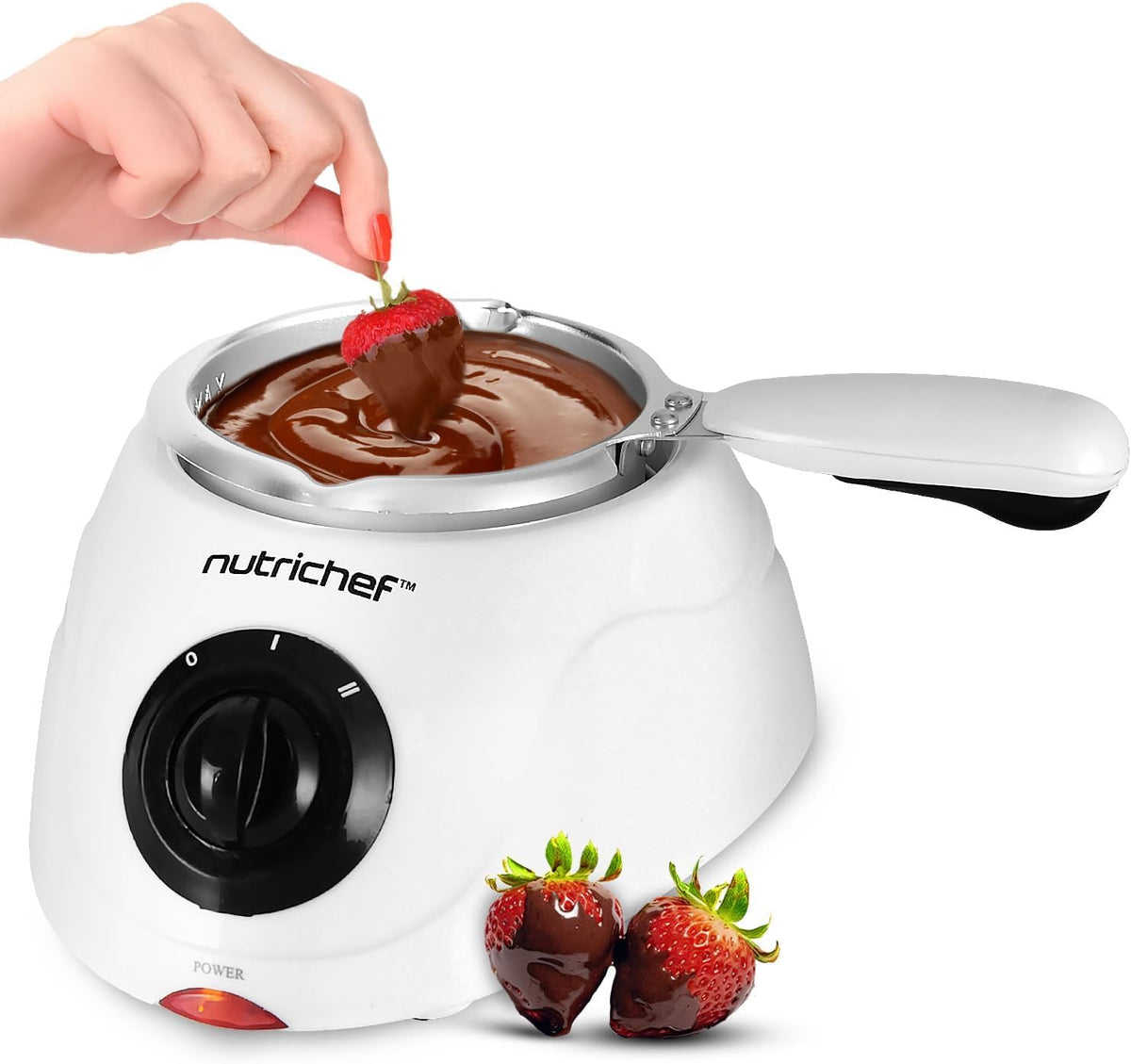NutriChef Electric Fondue Pot | 25W Chocolate Melting Warmer | 8.8 Oz Capacity | Keep Warm Dipping Function & Removable Pot | Perfect for Melting Chocolate, Butter & Cheese | White