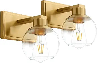 Brushed Brass Bathroom Sconces Set of 2, Gold Wall Sconces Set of Two, Bathroom Vanity Light with Clear Glass Shade, Modern Wall Light Fixtures for Bath Mirror Hallway Bedroom Living Room, Hardwired