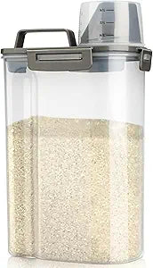 Viretec Rice Airtight Storage Container, 3 to 5Lbs Cereal Dry Food Flour Bin, Pet Dog Cat Food Dispenser with Measuring Cup, BPA Free Clear Plastic Kitchen and Pantry Organization Bin for Sugar
