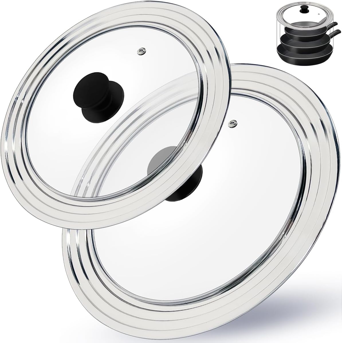 Universal Pan Lid 2 pcs, Stainless Steel Pot Lid Fit 11, 12, 13 Inch and 9, 10, 10.5 Inch Pots Pans and Skillets, Heat Resistant Stainless Steel and Tempered Glass Frying Pan Lids