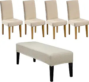 HAOYONG Dining Room Chair Cover Jacquard Chair Slipcover Washable Parsons Chair Slipcover Removable Seat Protector for Dining Room Hotel Ceremony Restaurant - 4 PCS Chair Cover+1 PC Bench Cover