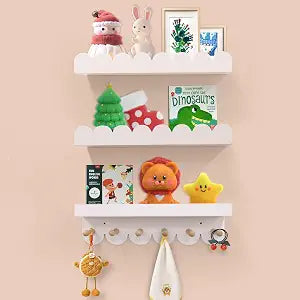 Floating Nursery Book Shelves for Wall, 16'' Wood Book Shelf for Baby Boys Girls Bedroom Bathroom and Dcor Storage, Wall Shelf for Books, Plants, Toys, Photo Frames (White-Wooden Pegs, 3 Pack)