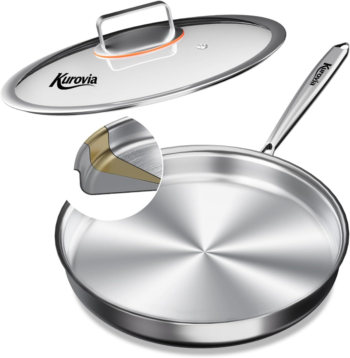 Tri-Ply Stainless Steel Frying Pan, Compatible with All Cooktops Up to 600â„‰, Large Frying Pan with lids, Induction-Ready Skillet, Dishwasher and Oven Safe, Even Heat (12.4 Inch)