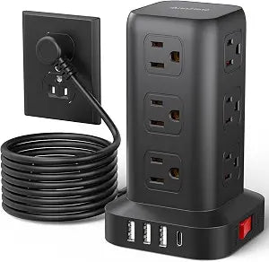 AnnTane Power Strip 10 FT Cord, Power Strip Tower with 4 USB Ports (1USB C), Extension Cord with 12 AC Multiple Outlets, Home Office Supplies Desk Accessories, Dorm Room Essentials