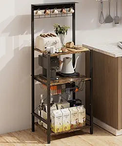 4 Tier Coffee Bar Station, Corner Bakers Rack with 5 Hooks & Wire Basket, Coffee Maker Stand for Small Space, Kitchen Stand for Entryway, Living Room, Caf, Black, 16.5"x13"x47.8"