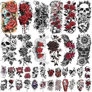 77 Sheets Flowers Skeleton Skull Temporary Tattoo for Women Men, 17 Half Arm Dark Gothic Punk Rocker Butterfly Fake Tattoos, 60 Scary Halloween Cosplay Tiny Adult Kid Body Tattoos Stickers Realistic