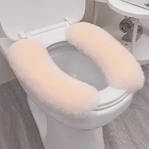 2-Pack Fluffy Real Sheepskin Wool Toilet Seat Cushion Soft and Comfortable Toilet Lid Cover Reusable Thicker Warmer Pads (Beige White)