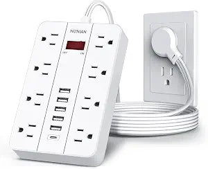 Power Strip with USB, HUNIAN Flat Plug Extension Cord, 5Ft, White
