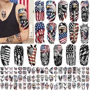 Independence Day Temporary Tattoos for Adults, 77 Sheets 4th of July Fake Tattoos Sleeve, Patriotic American Flag Waterproof Tattoo Stickers for Men Women Kids