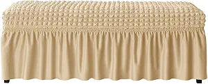 GAWEKIQE Stretch Upholstered Bench Slipcover Anti-Dust Removable Washable Beige Seersucker Dining Bench Cover with Skirt for Living Room Bedroom Dining Room
