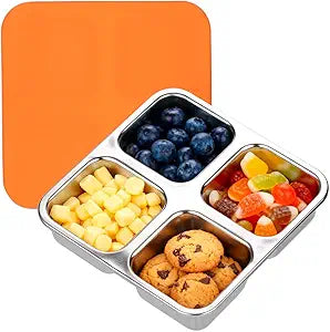 Stainless Steel Snack Containers with Lids, Lunchable 4 Compartment, Orange