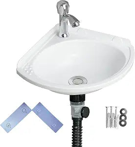 Small Bathroom Sink Wall Mount Bathroom Corner Sink, Triangular wash basin No-Drill Installation Self-Adhesive 12 x 12 Inch with 1.26 Inch Faucet Hole, Mini Rv sink Plastic Sink for Home, Dorm, Garage