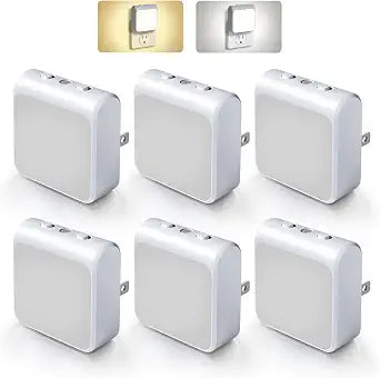 6-Pack Dimmable LED Night Lights Plug into Wall with Dusk to Dawn Sensor, 2 Color in 1 Plug in Night Light 30-60lm Brightness Adjustable, Auto-On/Off Nightlight for Bedroom, Kitchen, Bathroom, Hallway