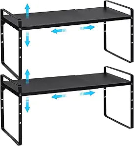 Set of 2 Expandable Cabinet Shelf Organizer, Stackable Kitchen Countertop Shelves Spice Racks, Small Metal Storage Shelf For Cupboard Counter Tabletop, 30 LBS Heavy Duty, Adjustable, 13.8" to 21.6"