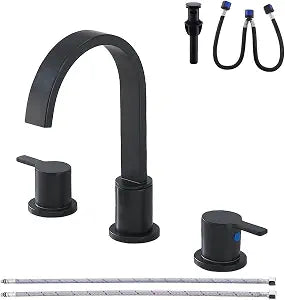 Matte Black Bathroom Faucet 3 Hole, 8 Inch Widespread 360 Swivel Waterfall Spout Two-Handle Bathroom Faucets with Water Hoses and Pop-up Drain for Sink Bath Vanity Lavatory VAL088BRH