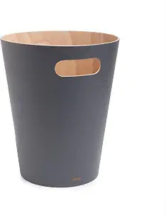 Umbra Woodrow Trash Can, Wooden Wastebasket, 2 Gallon, Dark Grey/Natural
