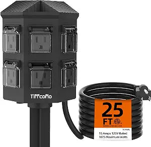 TiFFCOFiO Outdoor Power Strip Weatherproof, 25 FT Extension Cord with Stake, 6 Grounded Outlets for Halloween and Christmas Decorations, 15A/1875W, ETL Listed
