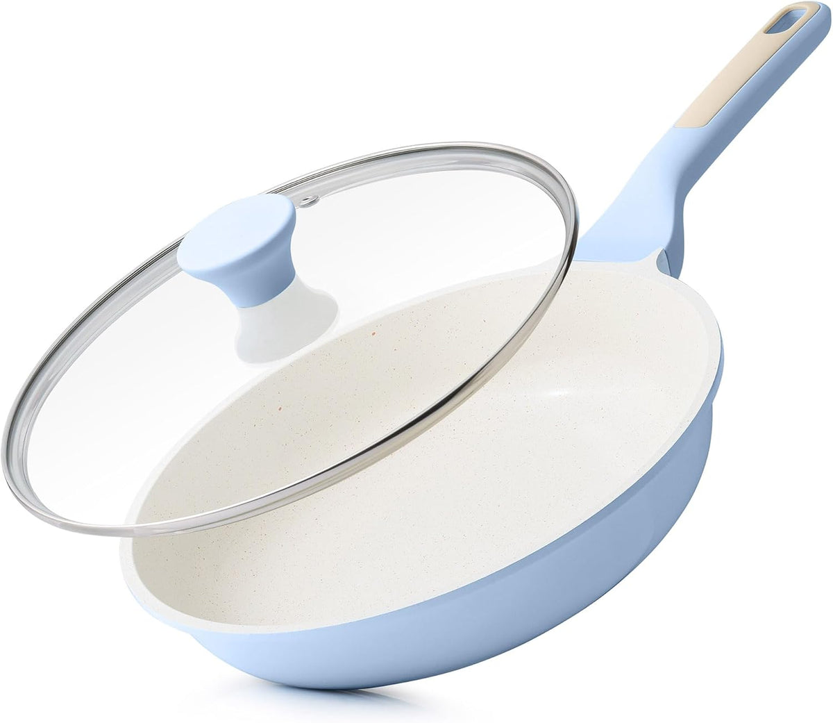 SENSARTE 9.5Inch Nonstick Ceramic Frying Pan with Lid, PFAS/PTFE Free, Blue