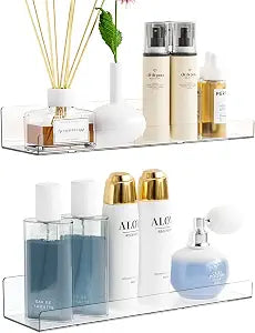 Yieach 2 Pack Acrylic Shelves for Wall Storage,No Drilling Adhesive Shelves,Clear Stick On Bathroom Wall Shelf Organizers,Plastic Floating Shelves for Perfume,Funko,Lego,Makeup,Book Shelf for Kids