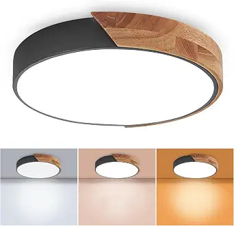 Wood LED Flush Mount Ceiling Light, 3CCT 3000K-6500K Modern Black Close to Ceiling Lighting Fixtures, Minimalist Round Ceiling Light for Bedroom, Kitchen, Hallway, Laundry Room, Not Dimmable
