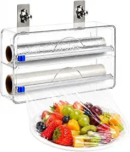 2in1 Plastic Wrap Dispenser with Cutter, Wall Mounted Plastic Wrap Dispenser with 2 Adhesive Hooks, 12 inch Clear Foil Dispenser with Cutter for Foil, Cling Wrap & Wax Paper for Easy Storage