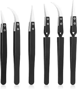 6 Pcs Precision Reverse Ceramic Tweezers Black Non-Conductive Solder Tweezer Anti-Magnetic Pointed & Curved Tips Heat-resistant Tweezer Set for Solder Pinching Coils
