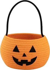 Pumpkin Storage Basket | Woven Cotton Rope Bin | Cute Halloween Candy Bowl, Trick or Treat Bag, Boo Gift, Stuffer Filler | Multipurpose Home Organizer & Gift Basket with Handles | Decorative Container