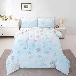 Feelyou Glitter Snowflake Comforter Set Full Size, Blue Snowflake Comforter Kids Toddler Ombre Bedding Set Winter Theme Duvet Set Microfiber Bed Set