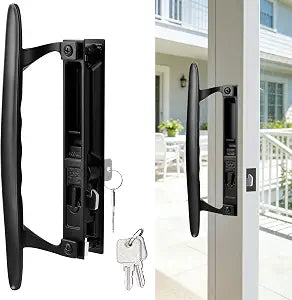 Keyed Sliding Patio Door Handle Set, Black Diecast Replacement Handle with Hook Lock, Fits 1" to 1-1/8" Thick Sliding Glass Doors, 6-5/8" Hole Spacing, Non-Handed Reversible Design