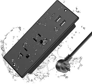 IPX6 Recessed Power Strip Waterproof, HEZI Weatherproof Furniture Flush Mount Power Outlet with 2 Outlets & 3 USB Ports for Bathroom Outdoor, 6FT Cord (ETL Listed)