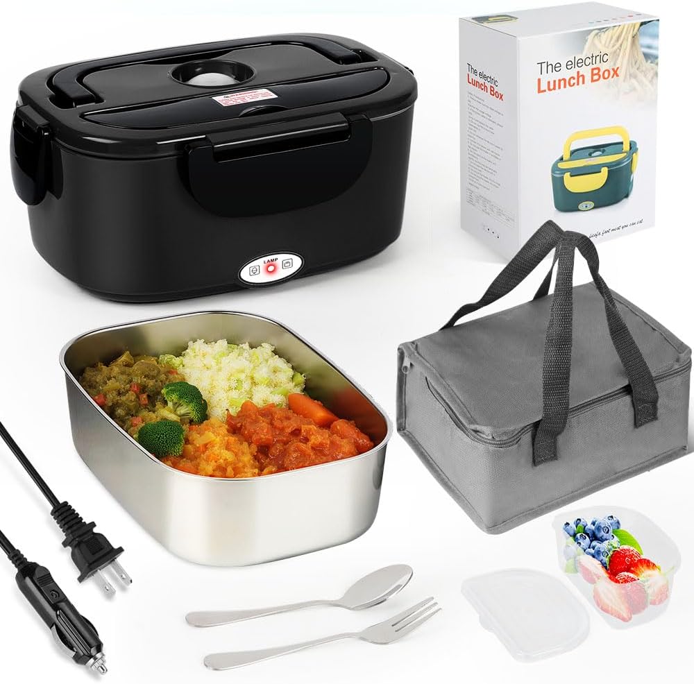 Electric Lunch Box Food Warmer Heater - 1.5L 304 Stainless Steel, 80W Heated Lunch Box for Adults, Portable Fast Heating Lunchbox Food Heater for Car/Truck/Office Lonchera ElÃ©ctrica PortÃ¡til