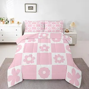 Feelyou Cute Florals Checked Comforter Set All Season Pink White Plaid Bedding Set with 2 Pillow Cases Geometric Preppy Microfiber Kids Full Bedclothes Checkerboard Grid Bedroom Decor Duvet Quilt