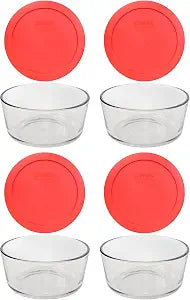 Pyrex 7201 4-Cup Glass Bowls With 7201-PC Red Lids (4-Pack) - Made in USA