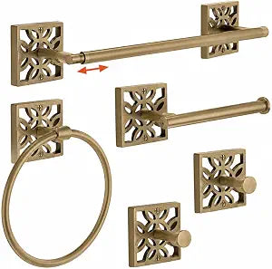 Autumn Alley 5-Piece Bathroom Hardware Set  Antique Gold (Muted Finish  Not Shiny), Wall Mounted Towel Bar, Towel Ring, Toilet Paper Holder & Robe Hooks, Bathroom Accessories Set Complete