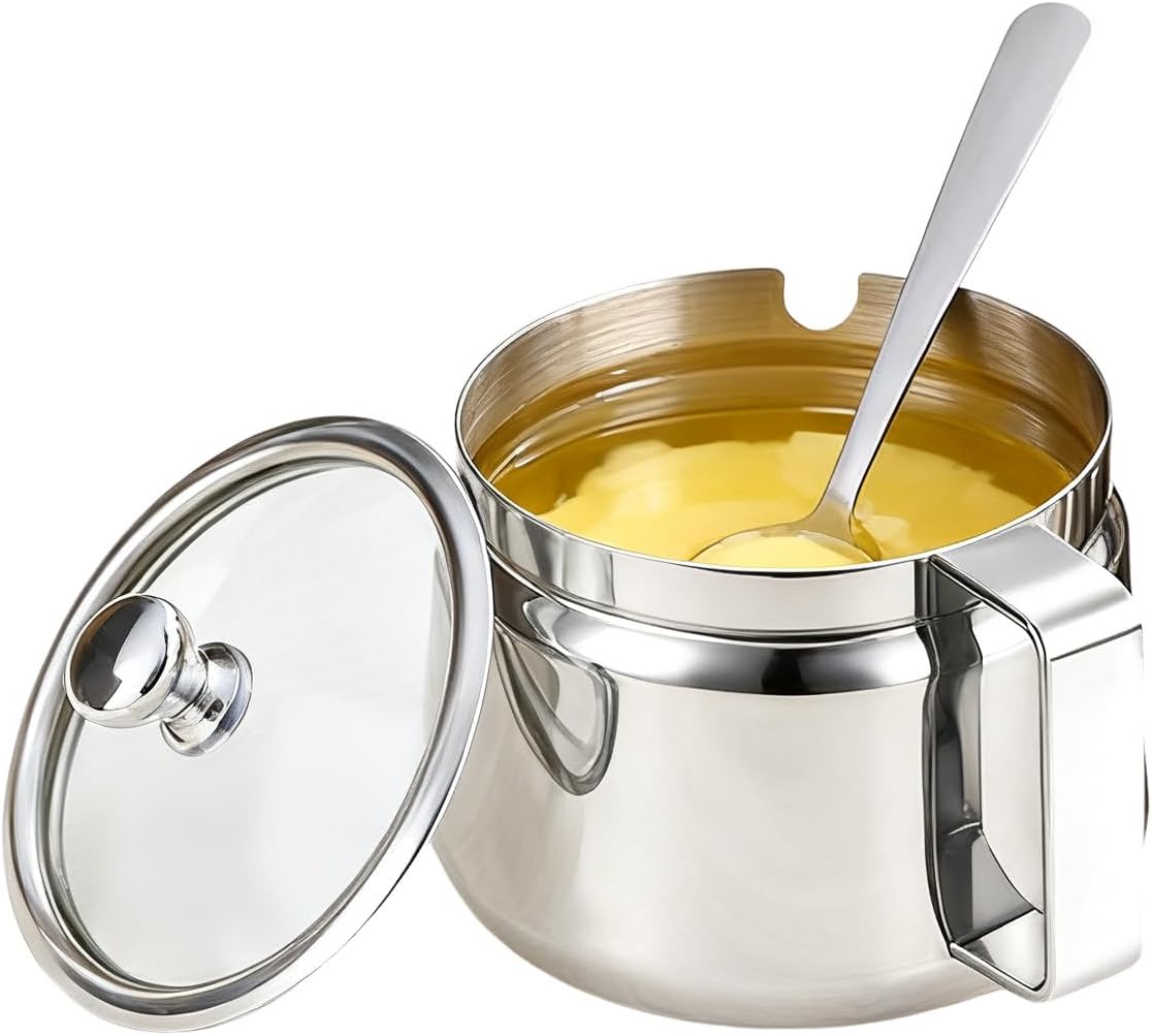 WPffv Ghee Container with Iid and Spoon Pot, 500mL Large Ghee Pot Kitchen with Handle, Stainless Steel Oil Container with Lid for Pooja Items (Large)