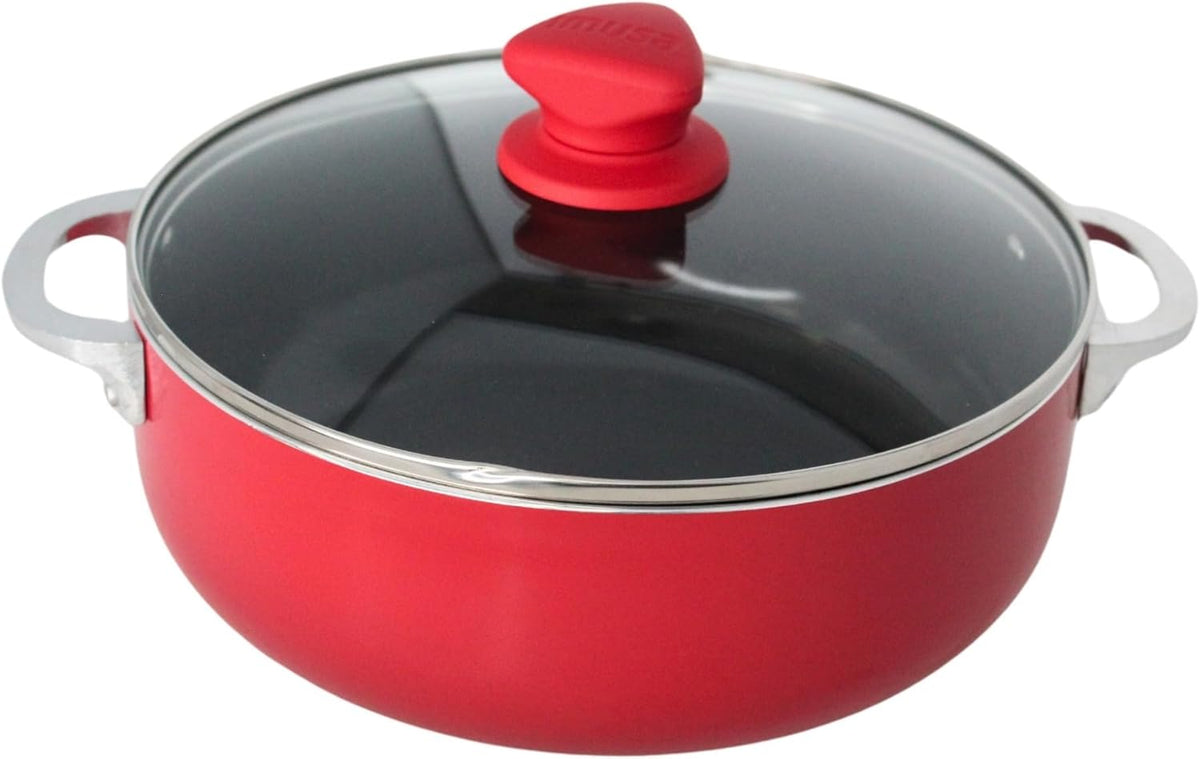 IMUSA 3.2 Qt Aluminum Black Ceramic Caldero with Glass Lid Oven Safe, Red