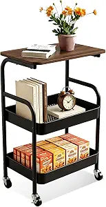 3 Tier Rolling Cart with Walnut Table Top, Sturdy Metal Storage Cart with Lockable Wheels, Multi-Purpose Mobile Shelf for Kitchen, Bedroom, Snacks, Coffee, Craft, Makeup, Garage (Black)