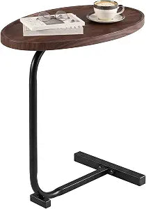 VECELO C Shaped Side Table, Oval End Table for Sofa Bed, Industrial Wood Look C Couch Table, Slim Slide Under Bedside Table, Small Snack Coffee Side Table for Living Room Bedroom, Walnut,1 PCS