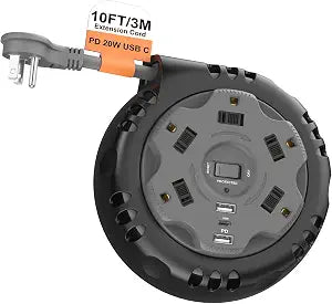 Retractable Power Strip Extension Cord Reel with USB C PD 20W, ETL Listed Flat Plug Travel Power Strip Surge Protection with 5 AC 3 USB Ports, 10FT Travel Extension Cord Portable Outlet, Black Grey