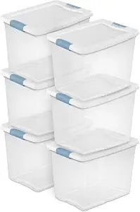 Sterilite 25 Quart Latching Box, Clear Plastic Storage, White, 6 Pack