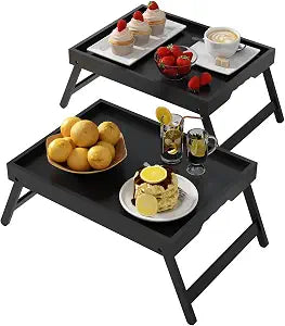Youpehom Bamboo Bed Tray Tables with Folding Legs, Medium, 2-Pack, Black