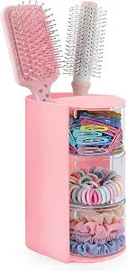 neotidy Hair Accessories Organizer with Hair Brush Holder, Rotating Hair Tie Product Organizer for Girls, 3-Tier Makeup Brush Holder for Clips, Bows & Brushes (Pink, 3-Tier)