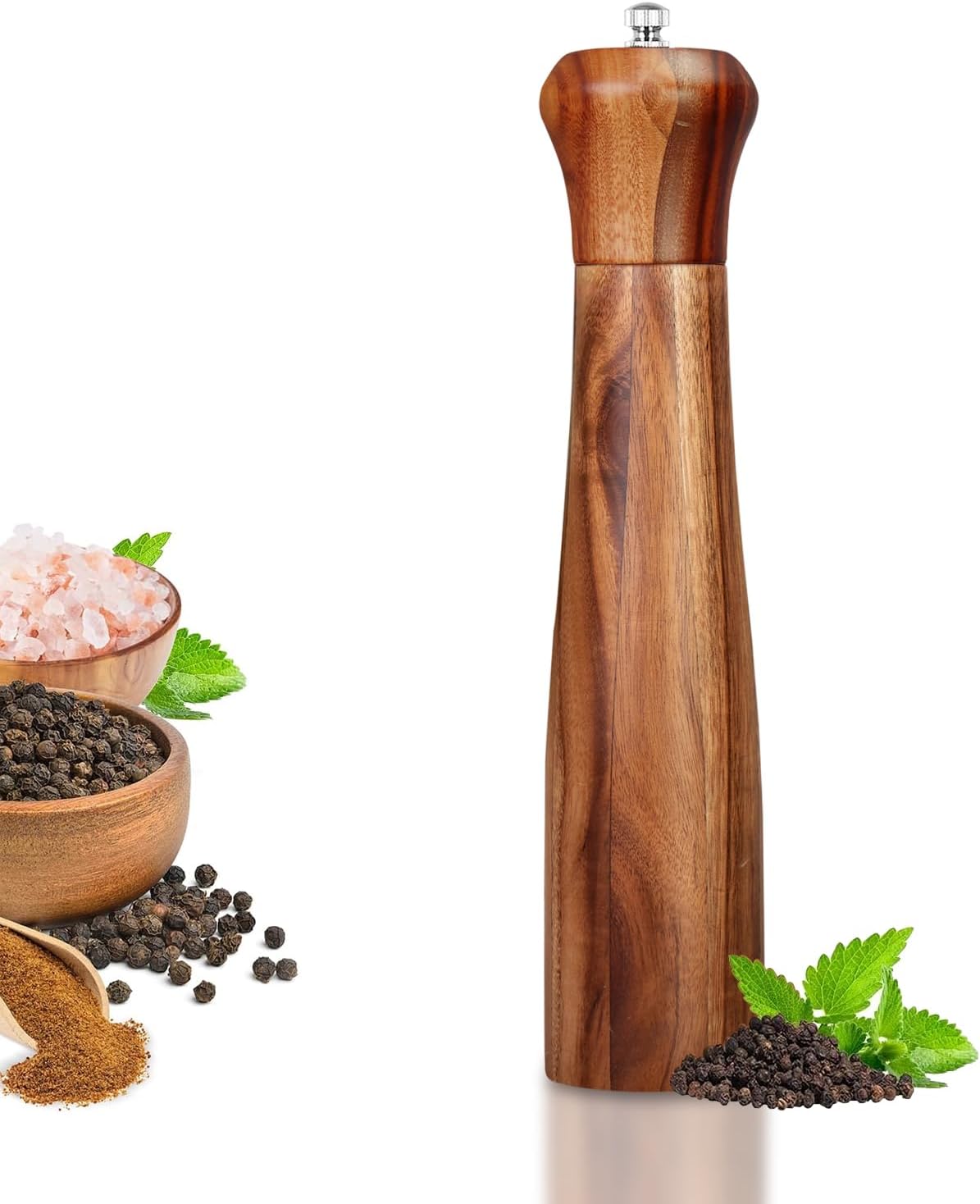 XWXO 1 Pack - 10 Inch tall Acacia Wood Pepper Grinder or Salt Mill Elegant