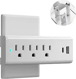 Surge Protector Outlet Extender Wall Tap Adapter, 3 AC Multi-Outlet Power Strip with 2 USB Ports (USB-A & USB-C), 5 in 1 3-Prong Grounded Plug Charging Station for Home, Office, Travel-ETL-White