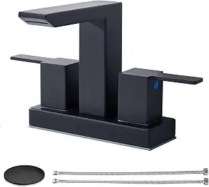 IKEBANA Matte Black Waterfall Bathroom Faucet, 4 inch 2 Handle 304 Stainless Steel Bathroom Sink Faucet, Modern Waterfall Spout Lead-Free Sink Faucets with Pop-up Drain and Supply Hoses
