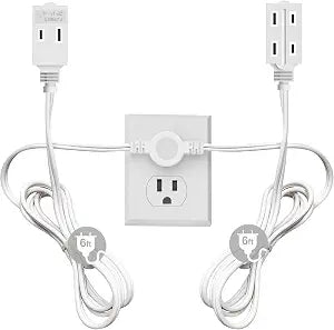 Twin Extension Cord Power Strip - 12 Feet Cord - 6 feet on Each Side - Flat Head (Wall Hugger) Outlet Plug - 6 Polarized Outlets with Safety Cover-White