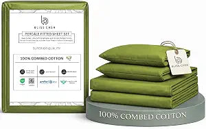 Bliss Casa Percale Cotton Sheet Set Full Size, 4���Piece, 100% Combed Cotton Sheets, Crisp & Cool, 16 in Deep���Pocket Fitted Sheet, 1 Flat Sheet & 2 Pillowcase with Zee Hem